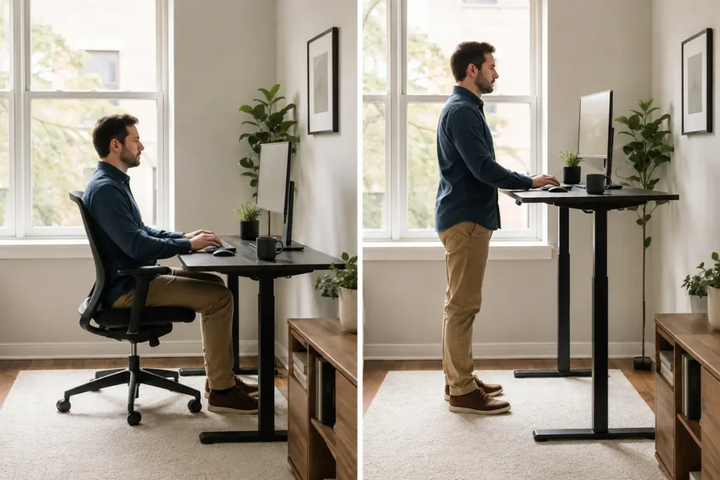 Branch Duo vs. Vari Essential: Best for Small Offices? Home-office worker using the same adjustable desk while seated and standing