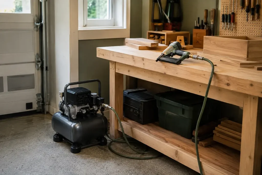 Quiet Air Compressors: Reviews, Sizing & Noise Guides Compact air compressor connected to a finish nailer beside a woodworking bench