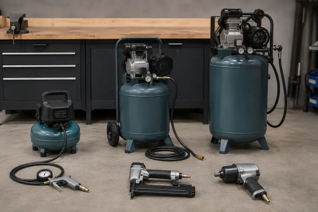 Quiet Air Compressors: Reviews, Sizing & Noise Guides Small, medium and large air compressors displayed with an inflator, nailer and impact wrench