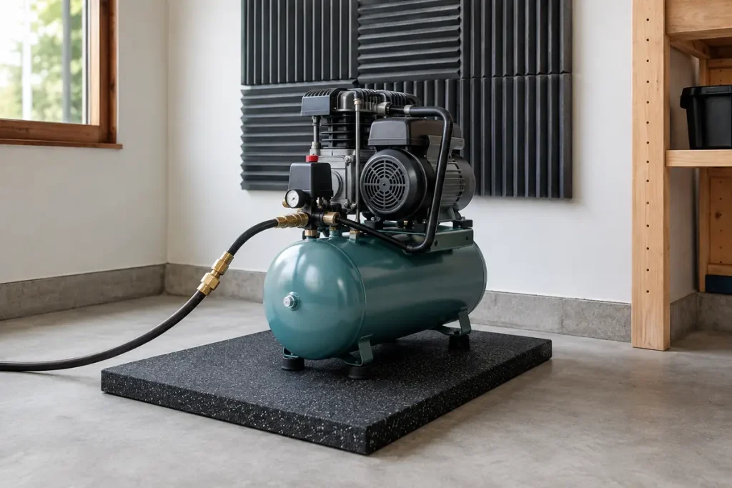 Quiet Air Compressors: Reviews, Sizing & Noise Guides Air compressor positioned on a rubber vibration mat with acoustic panels and open ventilation