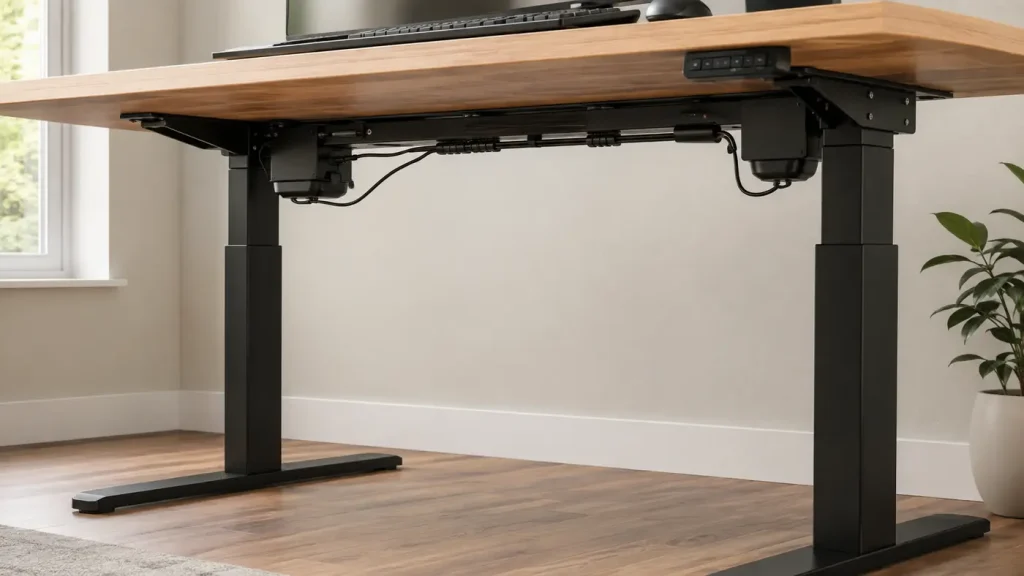 FlexiSpot E7 vs Vari Classic: Noise & Stability Dual motors and secured cables beneath an electric standing desk