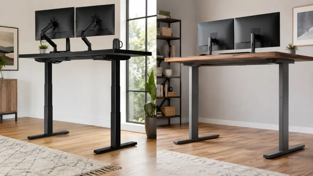FlexiSpot E7 vs Vari Classic: Noise & Stability Two T-frame electric standing desks compared at standing height with dual monitors