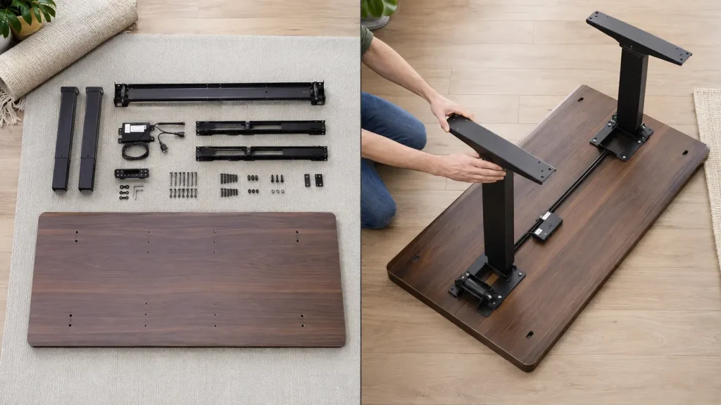 FlexiSpot E7 vs Vari Classic: Noise & Stability Conventional standing-desk frame assembly compared with quick-attach standing-desk legs