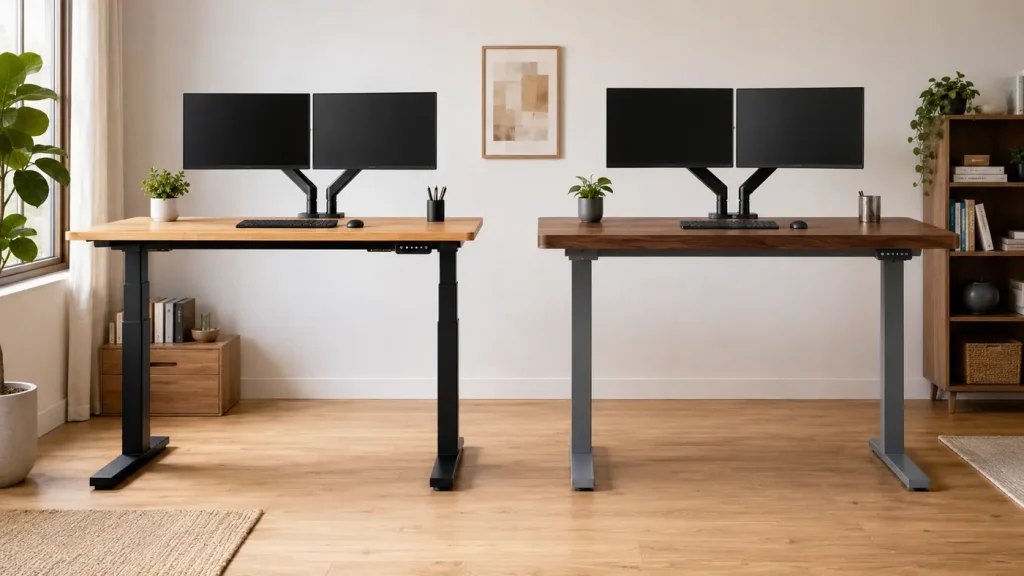 FlexiSpot E7 vs Vari Classic: Noise & Stability FlexiSpot E7-style and Vari Classic-style electric standing desks shown side by side in a quiet home office