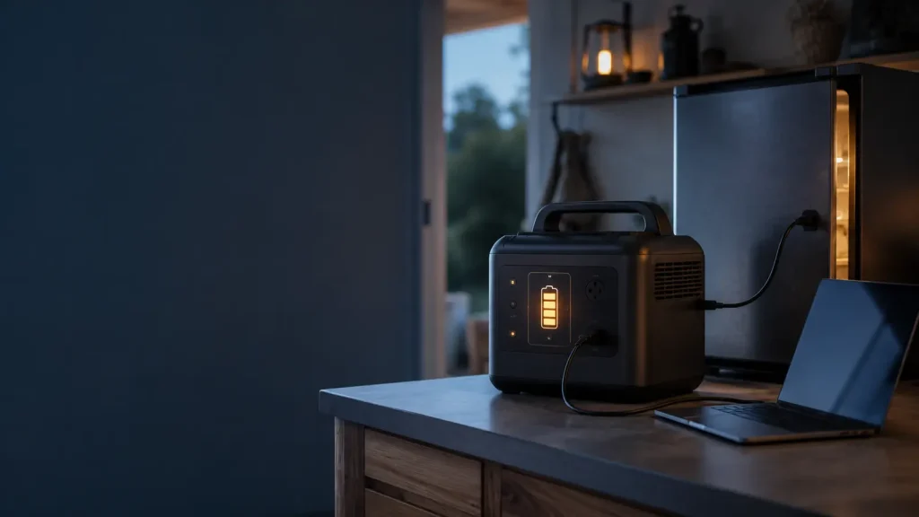 Portable Power Station Runtime Calculator | QuietTechReport Portable power station with a battery-level display powering a compact refrigerator and laptop in a quiet home setting