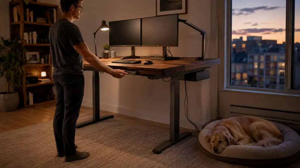 FlexiSpot E7 vs Vari Classic: Noise & Stability Remote worker adjusting a standing desk while a dog sleeps nearby