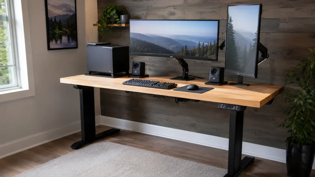FlexiSpot E7 vs Vari Classic: Noise & Stability Electric standing desk supporting an ultrawide monitor, vertical monitor, computer and speakers