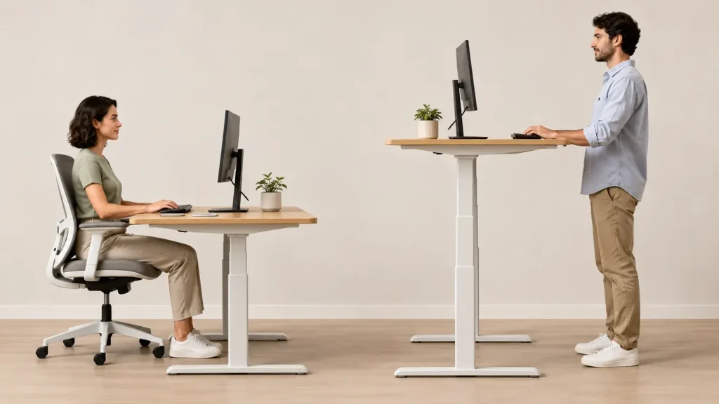 FlexiSpot E7 vs Vari Classic: Noise & Stability Shorter seated user and taller standing user working with properly adjusted electric desks