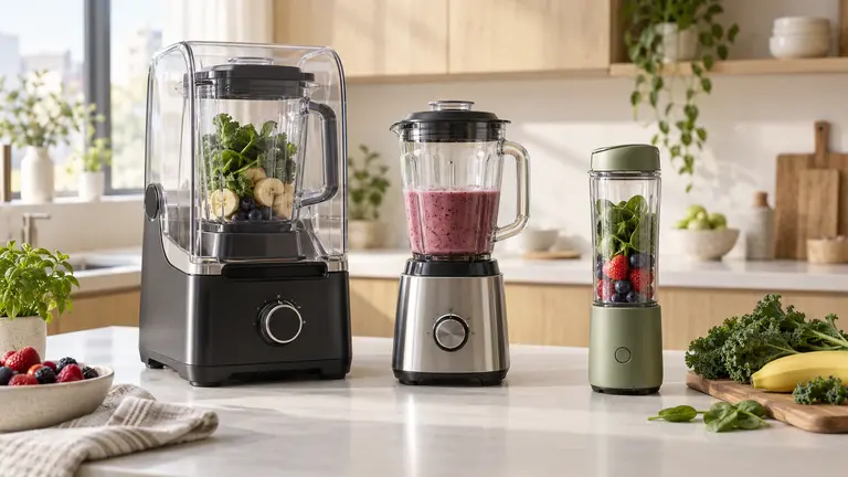 Sound-enclosed, full-size and portable blenders on a modern kitchen counter