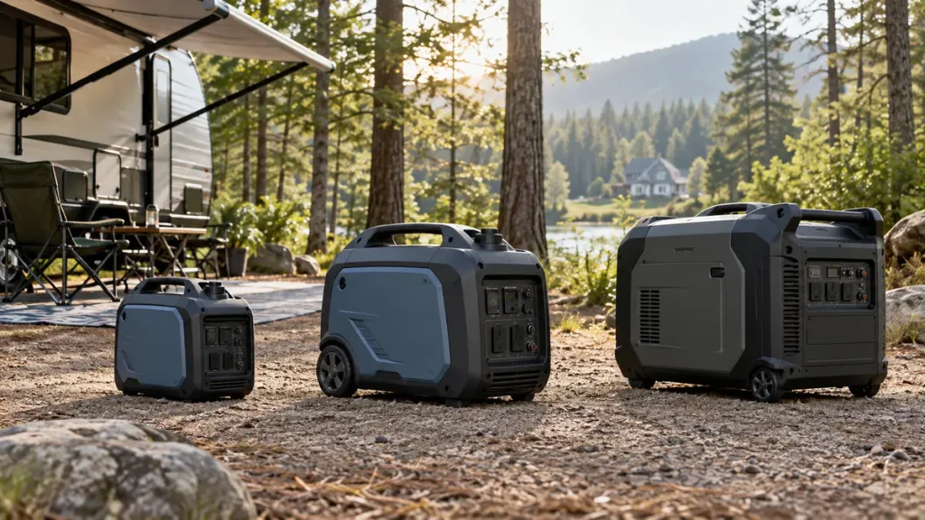 Three quiet inverter generators in compact, RV-ready and home-backup size classes at an outdoor campsite