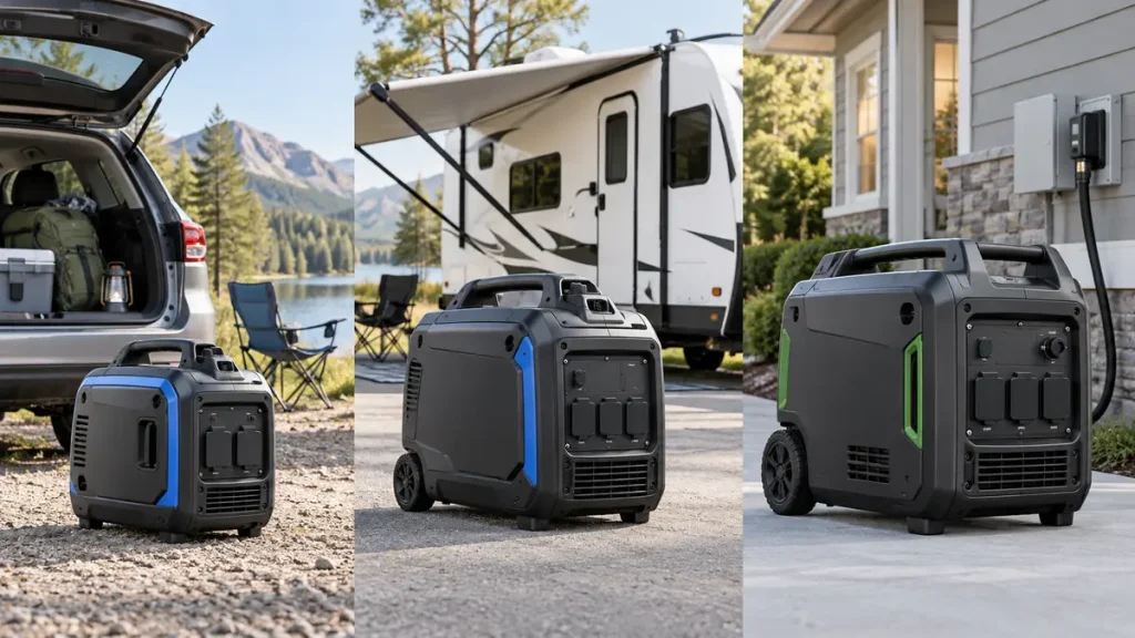Compact camping, RV-ready and home-backup inverter generators shown at relative sizes