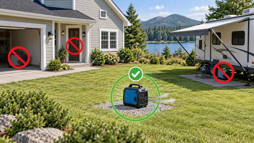 Portable inverter generator outdoors away from a garage, house entrance and RV awning