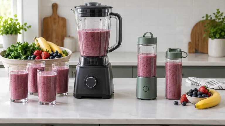 Full-size blender with four smoothies beside a portable blender with one serving