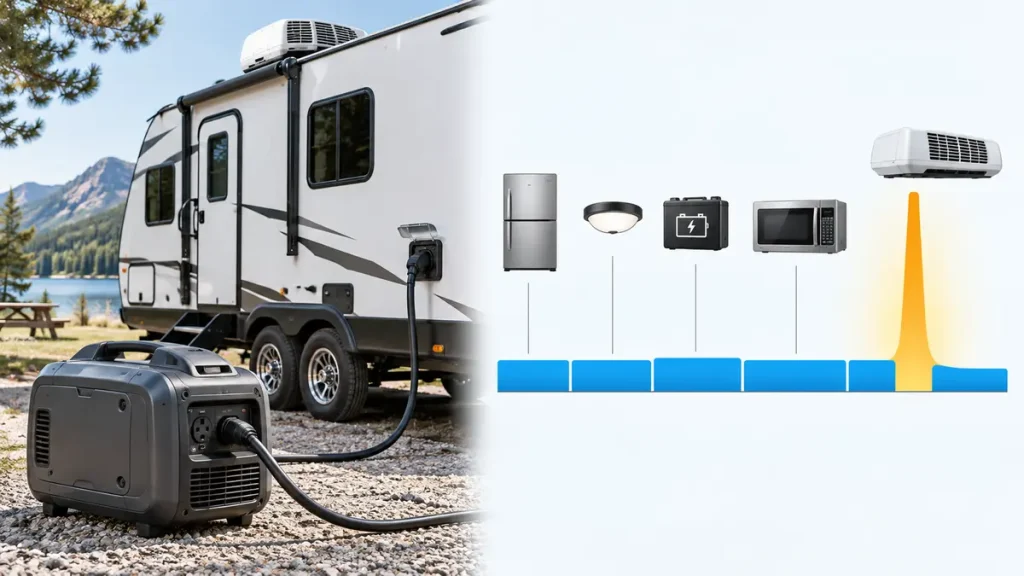 RV appliances creating steady generator demand with a brief air-conditioner startup surge