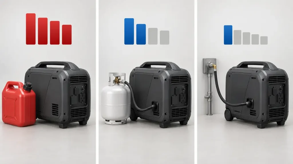 Separate gasoline, propane and natural-gas operating options for a tri-fuel inverter generator