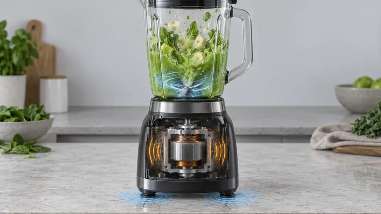 Cutaway blender showing blade turbulence, motor vibration and vibration entering the counter