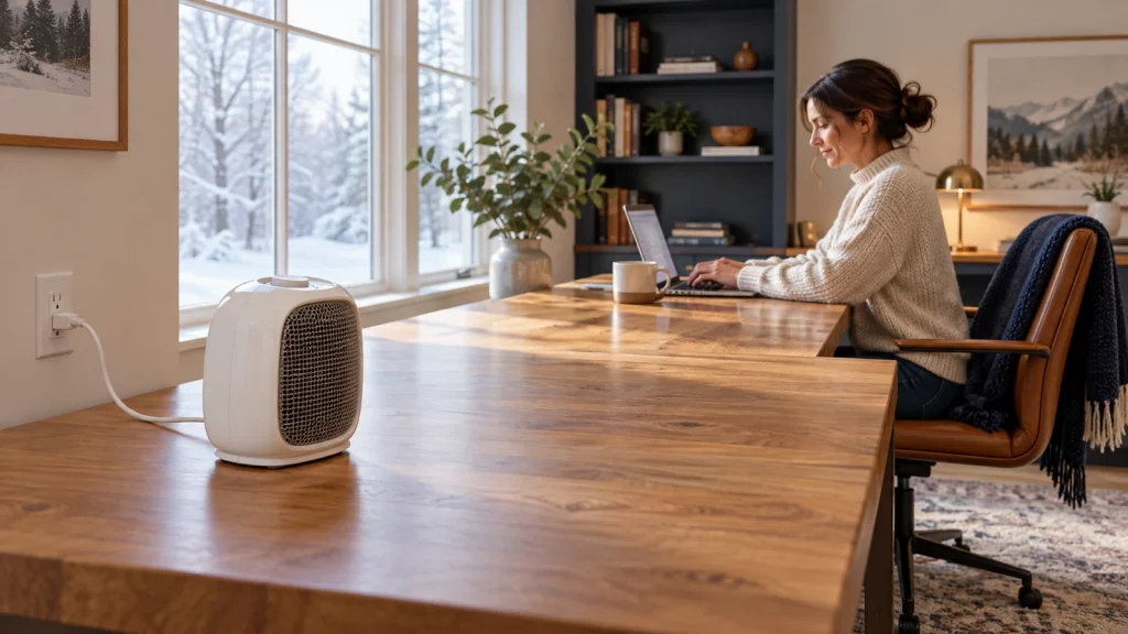 Compact personal heater on a spacious home-office tabletop, illustrating low-wattage desk heating