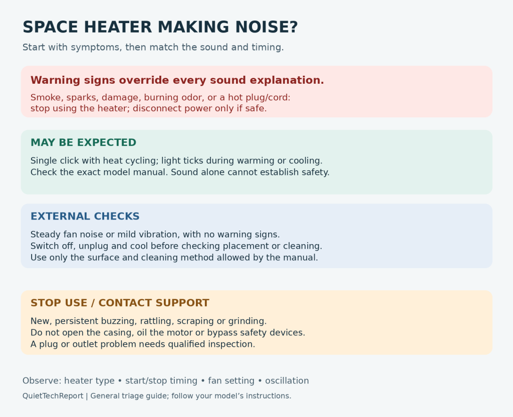 Space heater noise guide separating expected clicks and ticks, external checks, and symptoms requiring support.