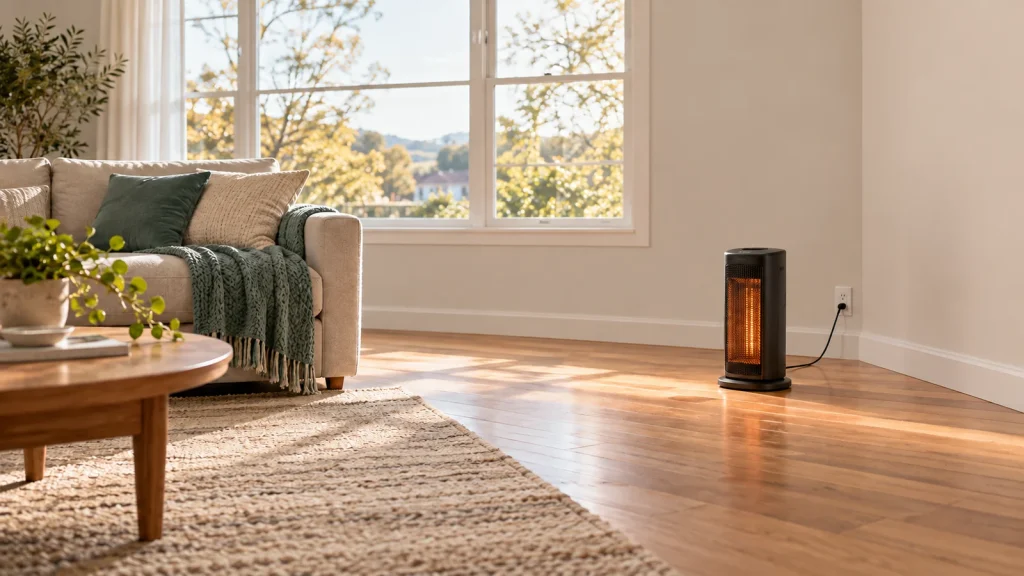 Portable electric space heater in a living room with open floor space around it.