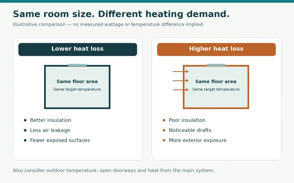 Equal-size room diagrams comparing lower heating demand with better insulation against higher demand with drafts and more exterior exposure.