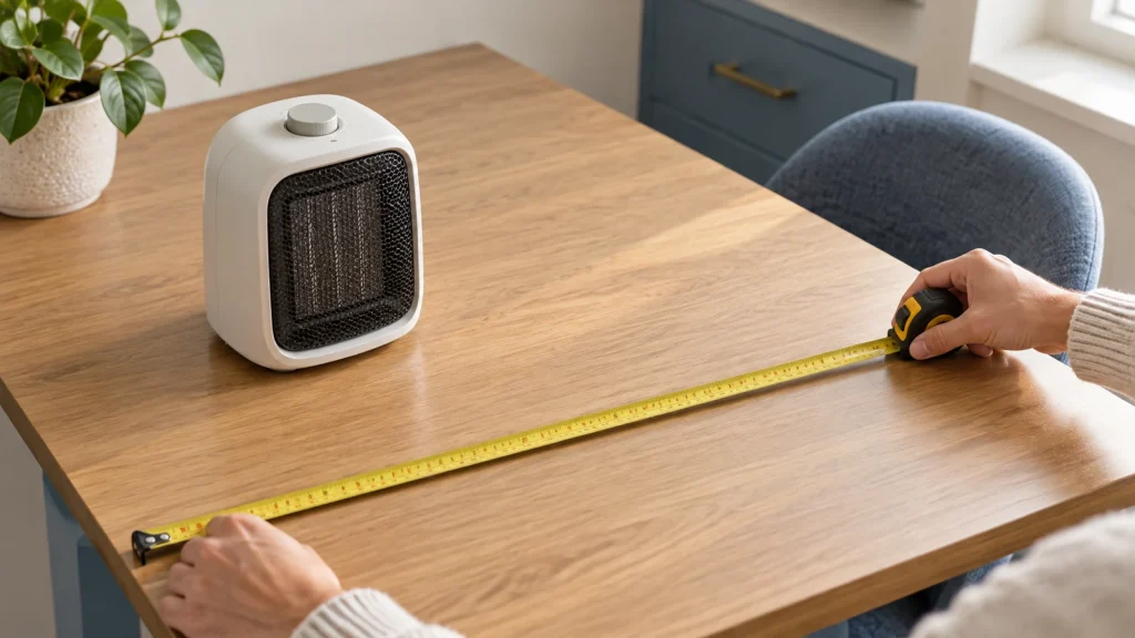 Person measuring tabletop space beside an unplugged compact personal desk heater