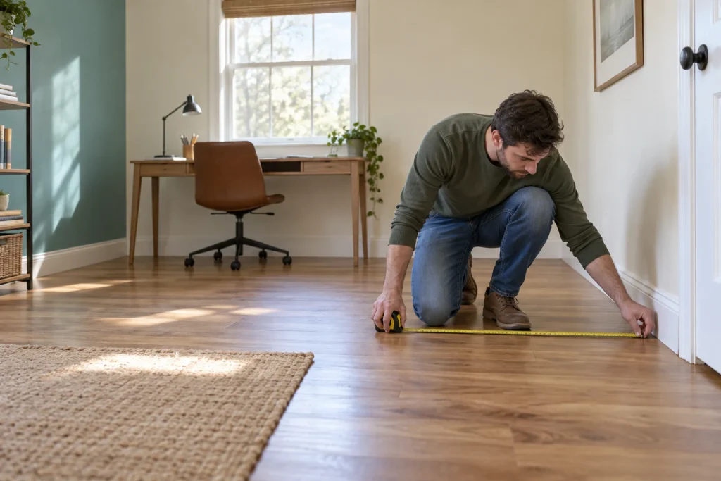 Man measuring a home-office floor with a tape measure before estimating space-heater size.