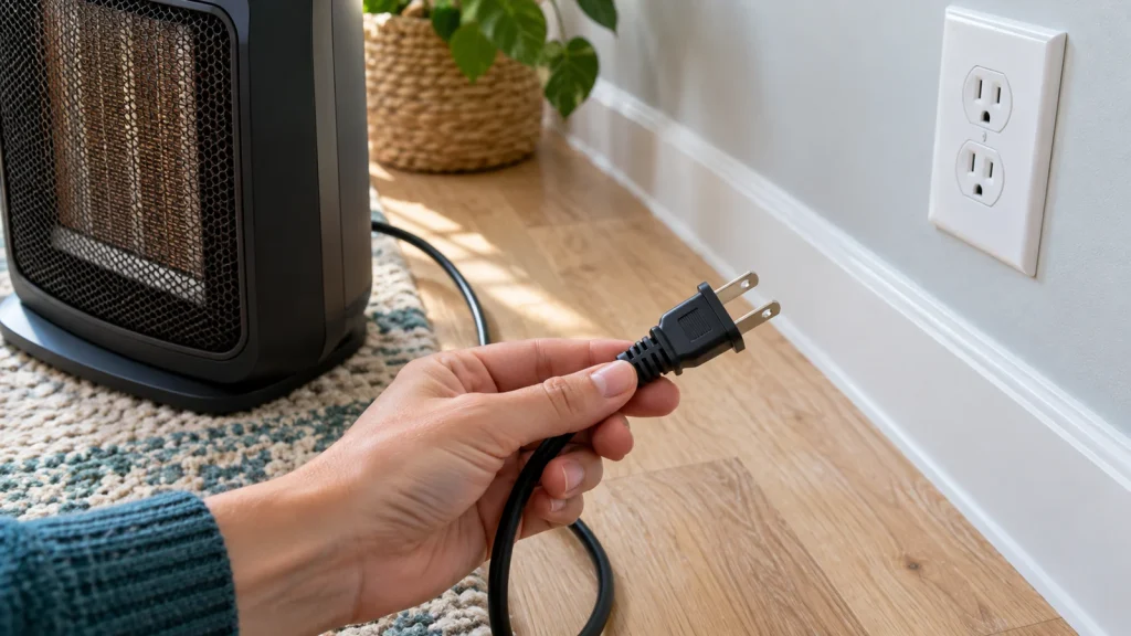 Exterior inspection of an unplugged space heater plug beside a wall outlet