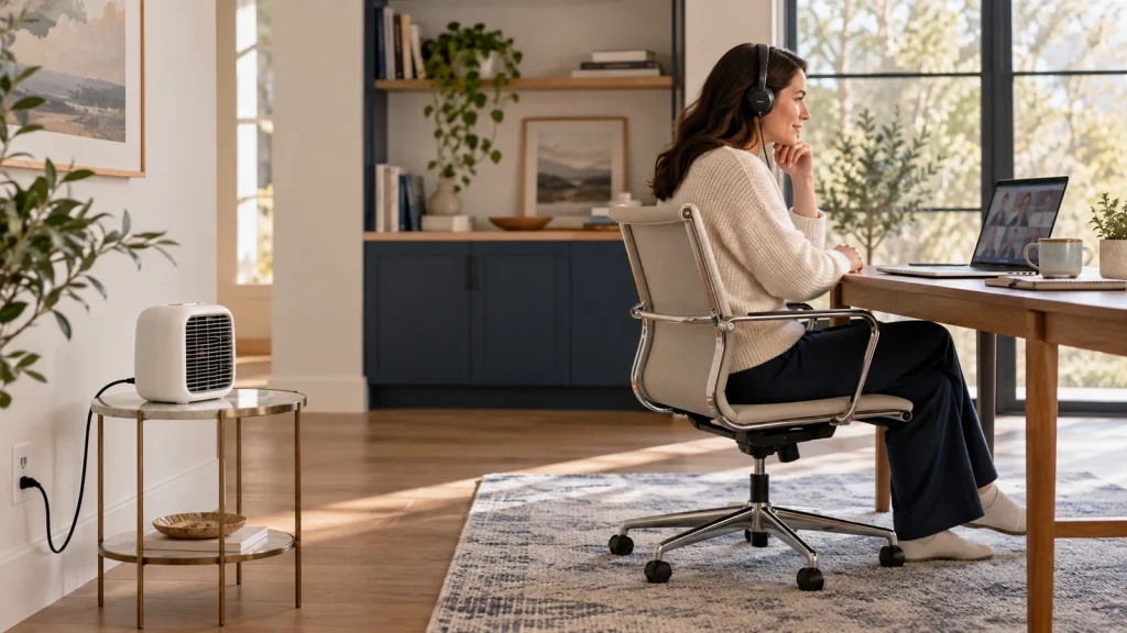 Woman on a headset call with a compact personal fan heater on a separate home-office table
