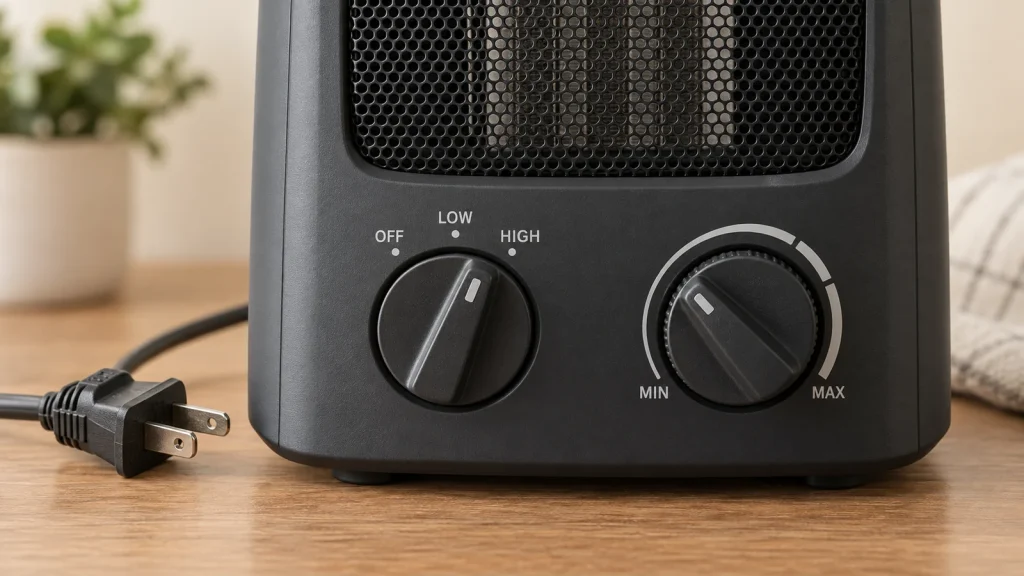 Unplugged space heater with separate low-high heat settings and a thermostat dial
