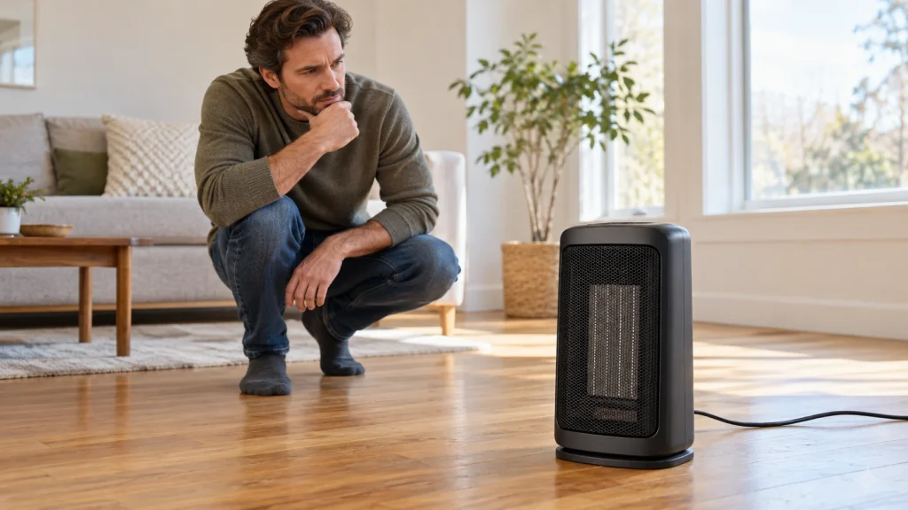 Homeowner observing a portable space heater on a hardwood floor while investigating an unusual noise.