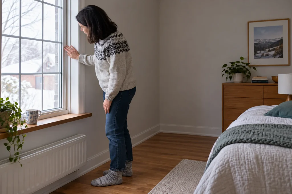 Woman checking for drafts beside a closed bedroom window before assessing room heating needs.