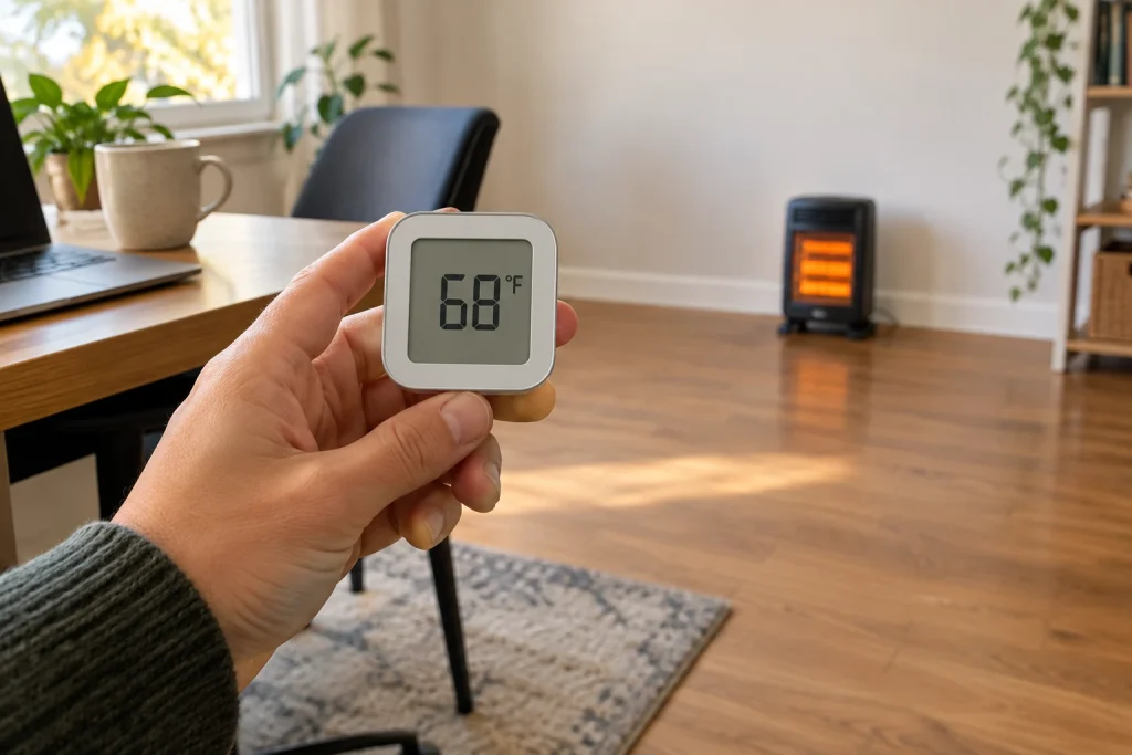 Hand holding a room thermometer displaying 68°F with a portable space heater in the background.