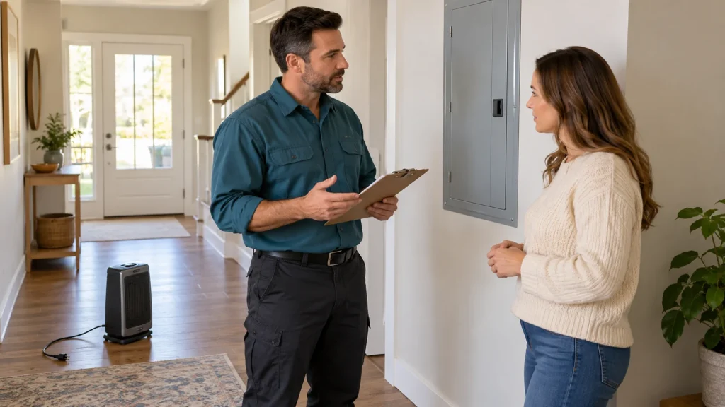 Electrician consulting with a homeowner beside a closed electrical panel and an unplugged space heater
