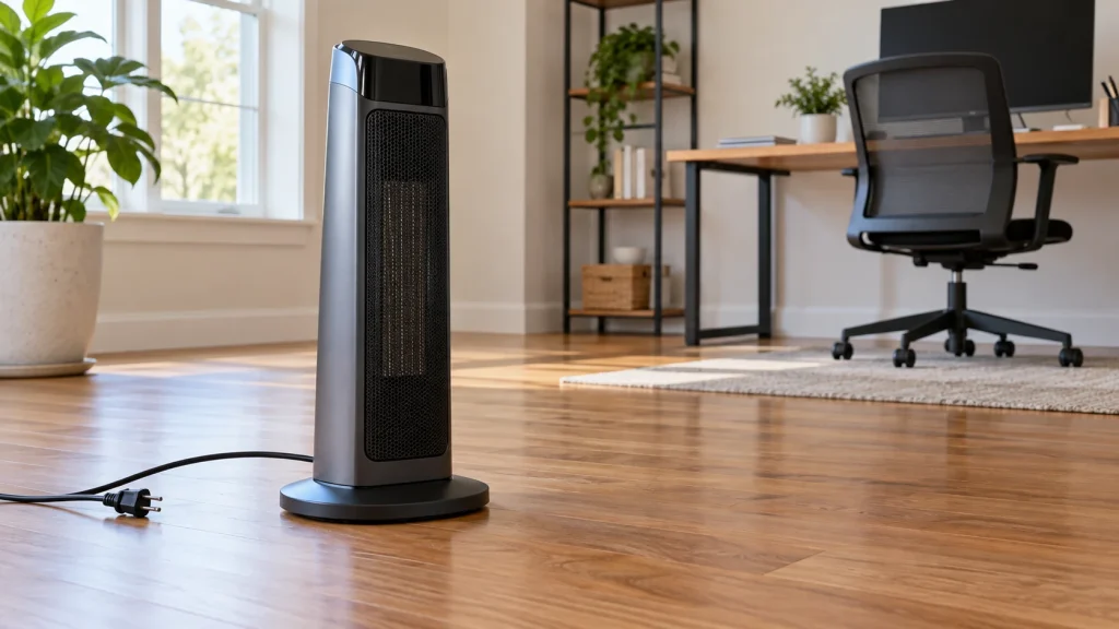 Unplugged tower space heater standing upright on a flat hardwood floor with its base clearly visible.