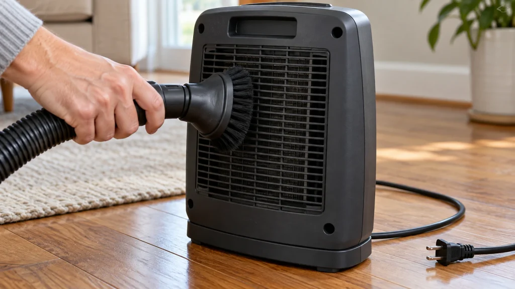 Vacuum brush cleaning the outside intake grille of a closed space heater, with its disconnected plug visible.