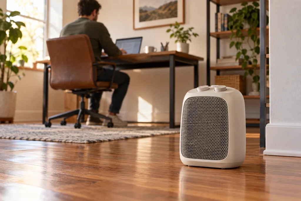 Compact ceramic fan heater with a front grille and two control knobs on a wooden floor near a home-office desk.