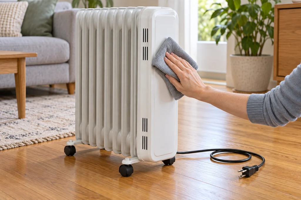 Hand wiping a white radiator exterior with a cloth while its unplugged power cord rests on the floor.