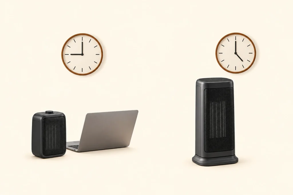 Compact heater beside a laptop and clock, compared with a larger heater beneath a second clock.