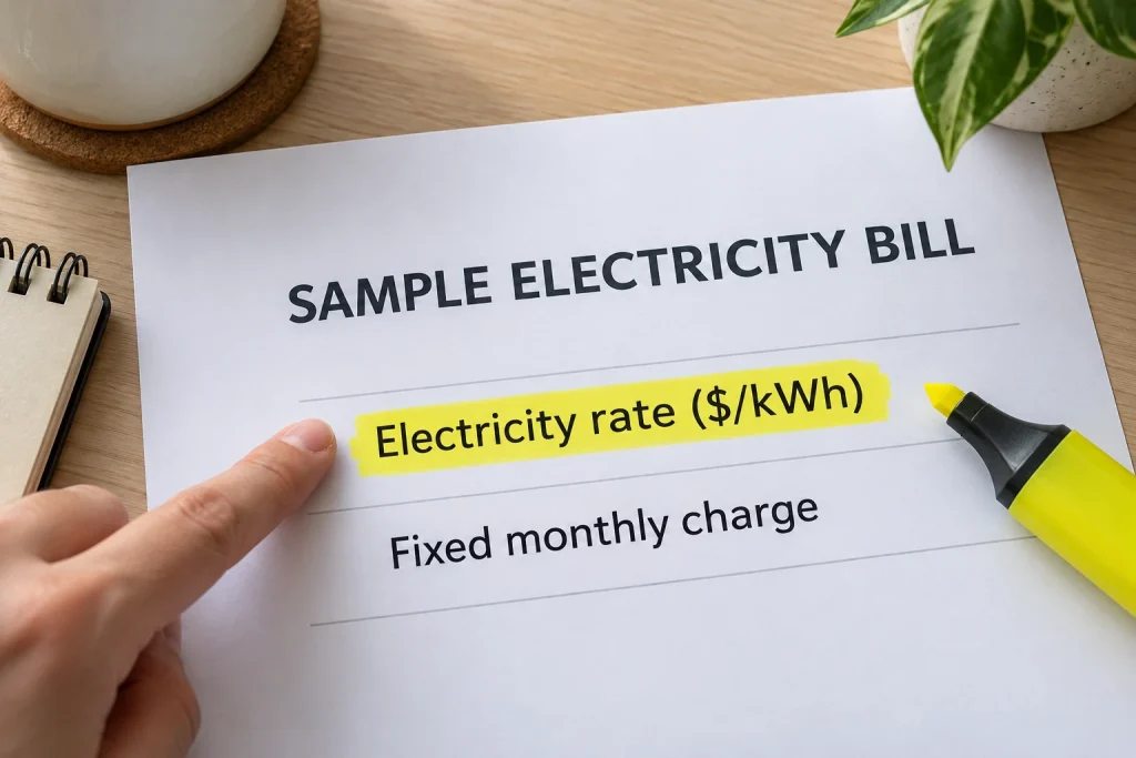 Sample electricity bill with “Electricity rate ($/kWh)” highlighted above a separate fixed monthly charge.