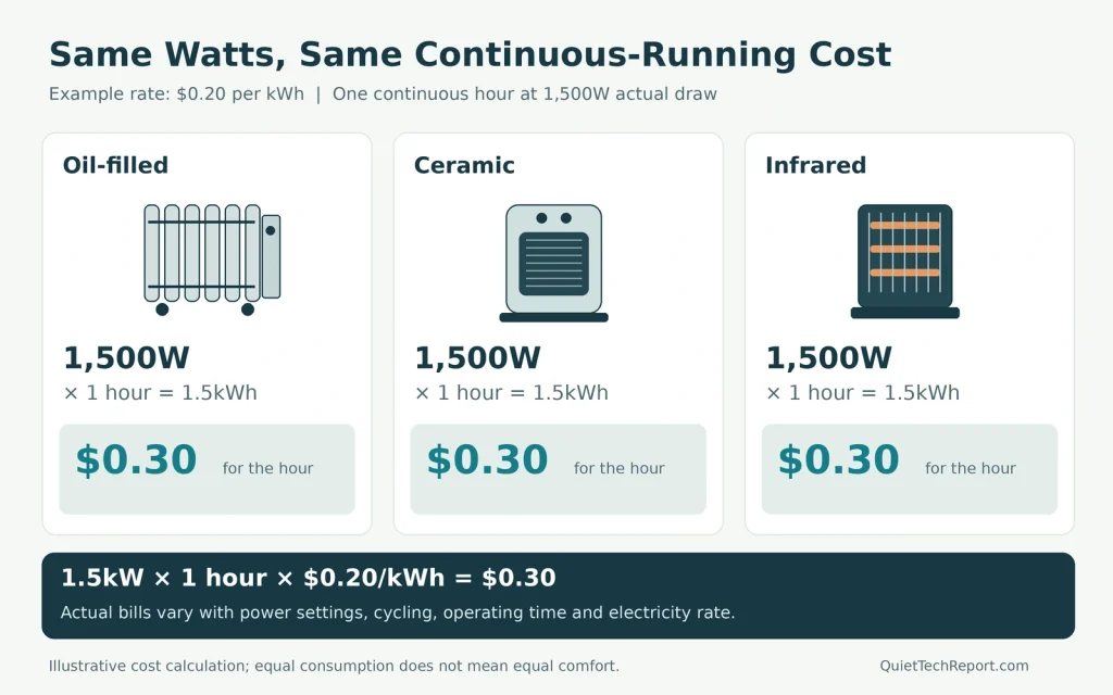 Three heater types each drawing 1,500 watts for one continuous hour use 1.5 kilowatt-hours and cost $0.30 at an example rate of $0.20 per kilowatt-hour.