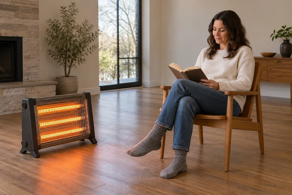 Guarded infrared heater with glowing horizontal elements facing an adult reading in a wooden chair.