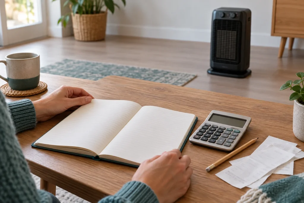 Hands beside an open notebook, calculator, pencil, and receipts, with a portable heater in the background.