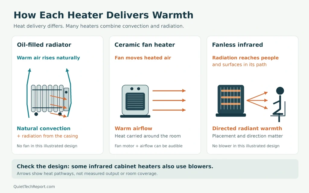 Diagram comparing natural convection and radiation from an oil-filled radiator, warm airflow from a ceramic fan heater, and directed radiation from a fanless infrared heater.