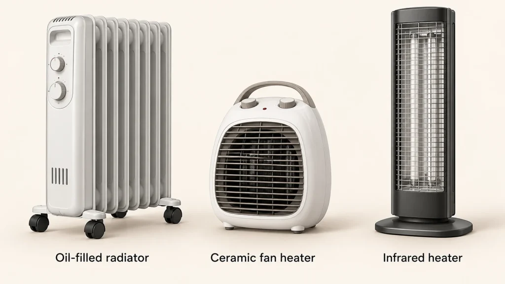 Labeled illustrations of an oil-filled radiator, a compact ceramic fan heater and an infrared heater.