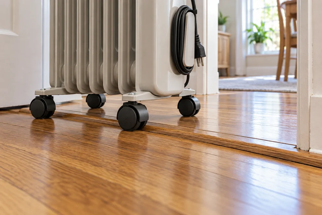 Caster wheels on an unplugged oil-filled radiator beside a wooden doorway threshold.