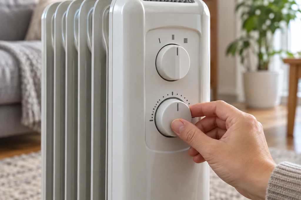 Hand adjusting a radiator thermostat dial below a separate three-setting heat selector.