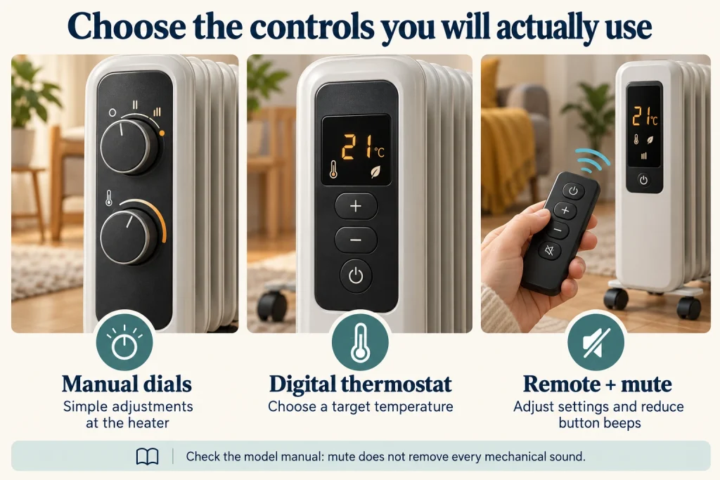 Comparison of manual radiator dials, digital thermostat controls, and remote operation with a mute option.