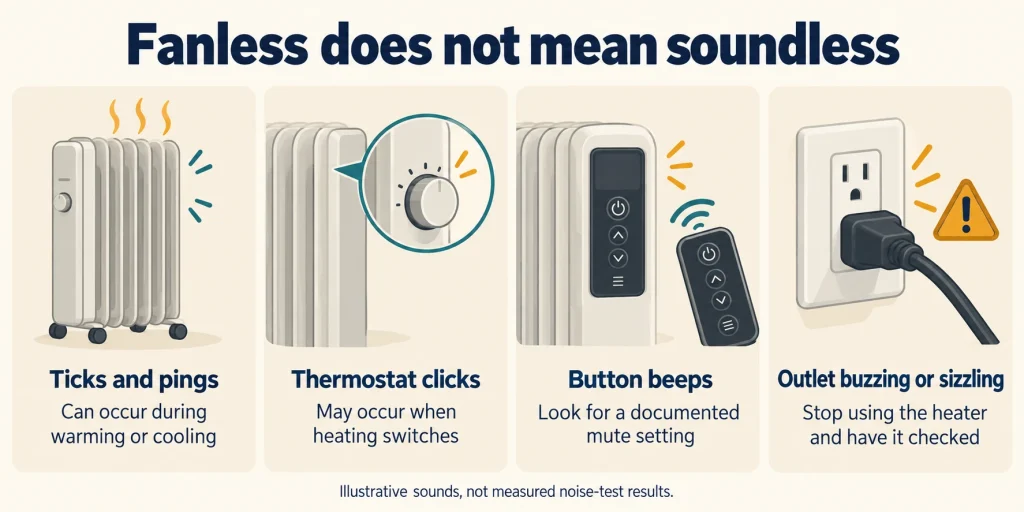 Guide showing radiator thermal ticks, thermostat clicks, button beeps, and outlet buzzing or sizzling that requires attention.