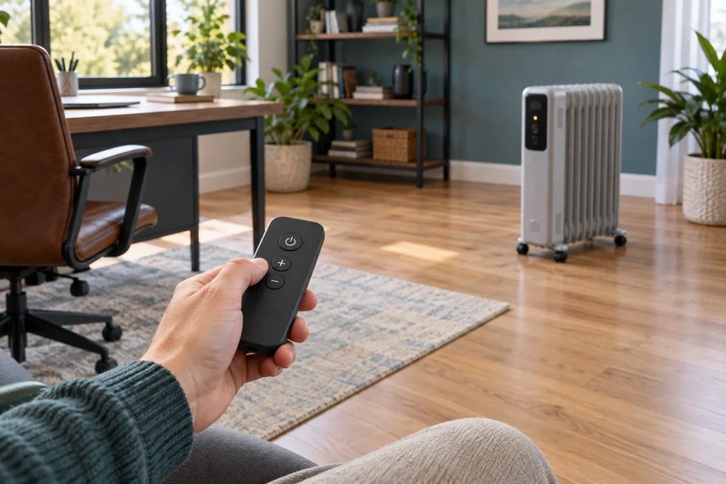 Hand holding a remote toward a digital oil-filled radiator across a home office.