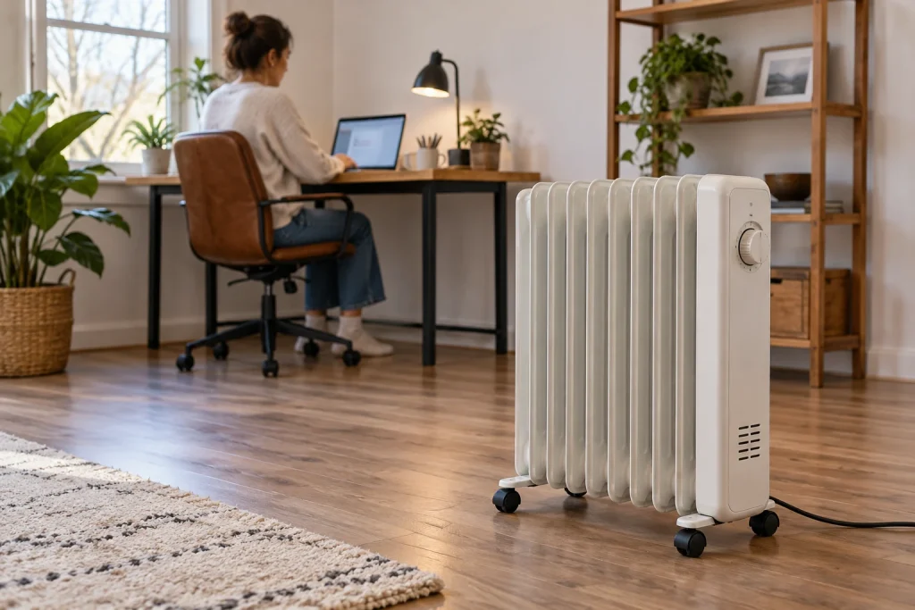 White oil-filled radiator on a wooden floor with an adult working at a laptop in the background.